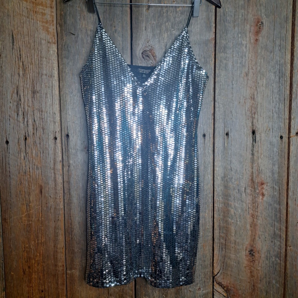 Disco Studio 54 Y2k Liquid Silver Bodycon Tank Mini Dress Women's Size 8 Topshop